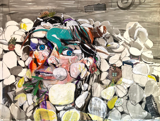 Abstract and figurative drawing, black and white with color bursts, rock piles, collage elements, a face hidden amongst the rocks, a dog layered in between.